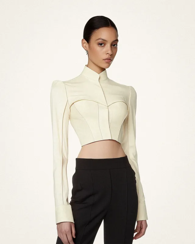 Naomi Long-Sleeve Corset Pad Shoulder Top - Ivory sold by JW PEI