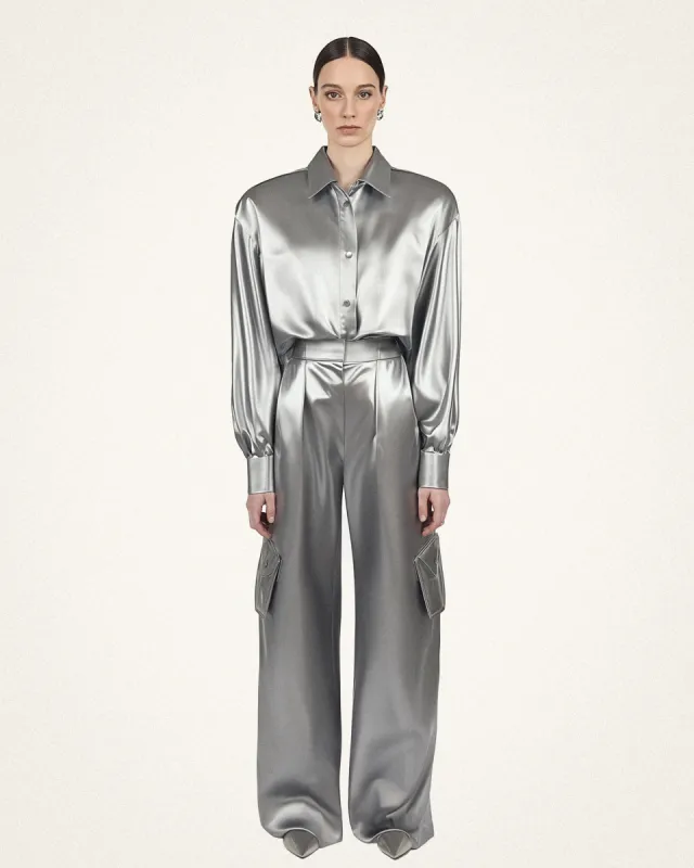 Ella Metallic Rayon Wide Leg Cargo Pants - Silver made by JW PEI