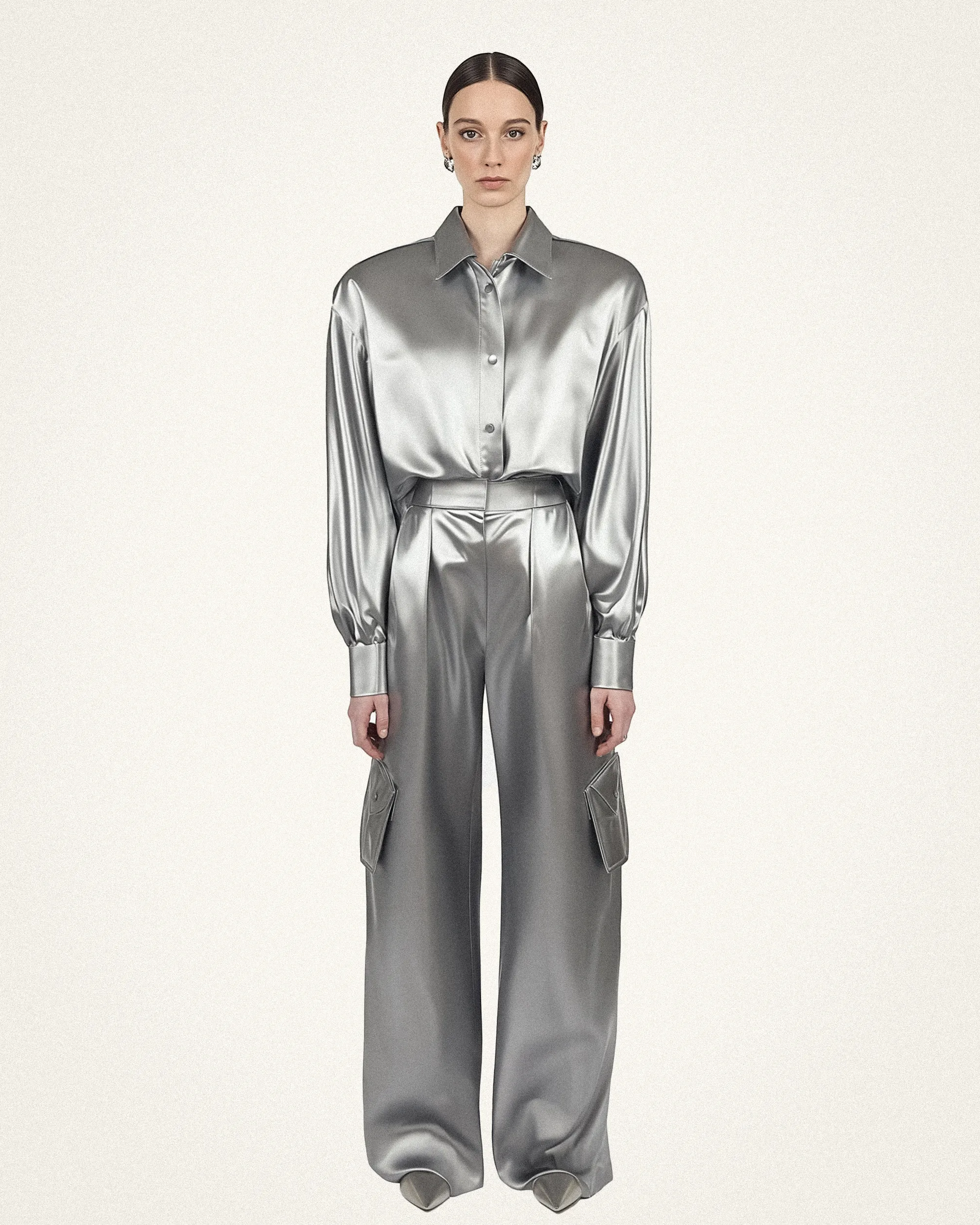 Ella Metallic Rayon Wide Leg Cargo Pants - Silver sold by JW PEI