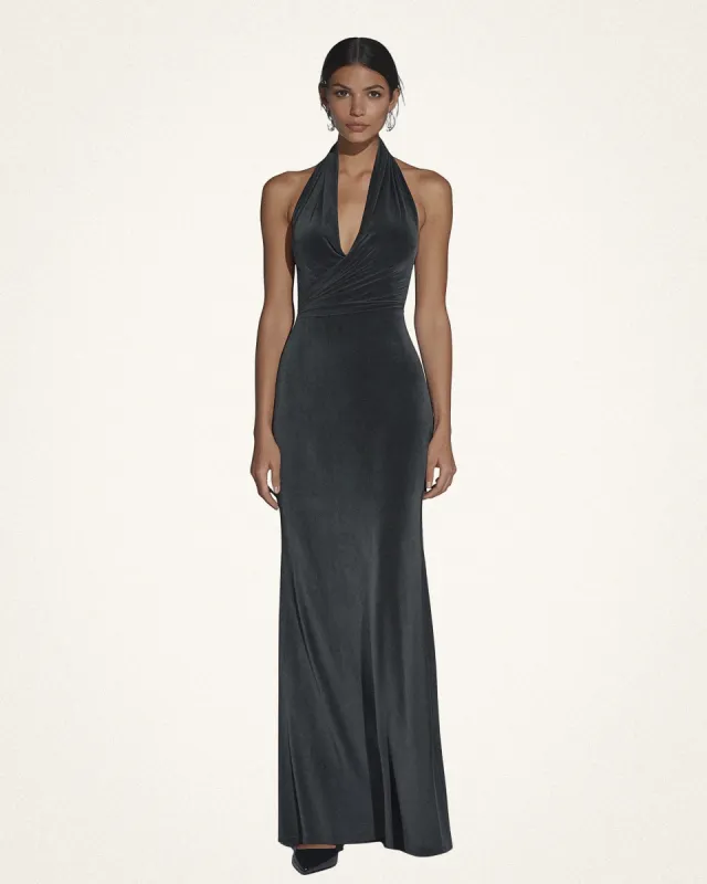 Sophia Halter-Neck Sueded Dress - Charcoal sold by JW PEI