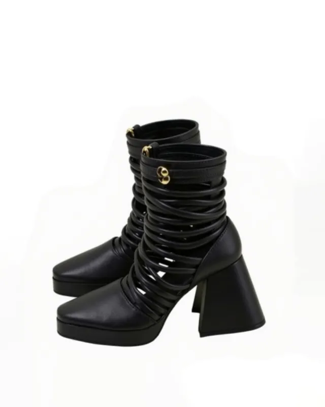 Hannah Strappy Platform Heeled Boots - Black sold by JW PEI