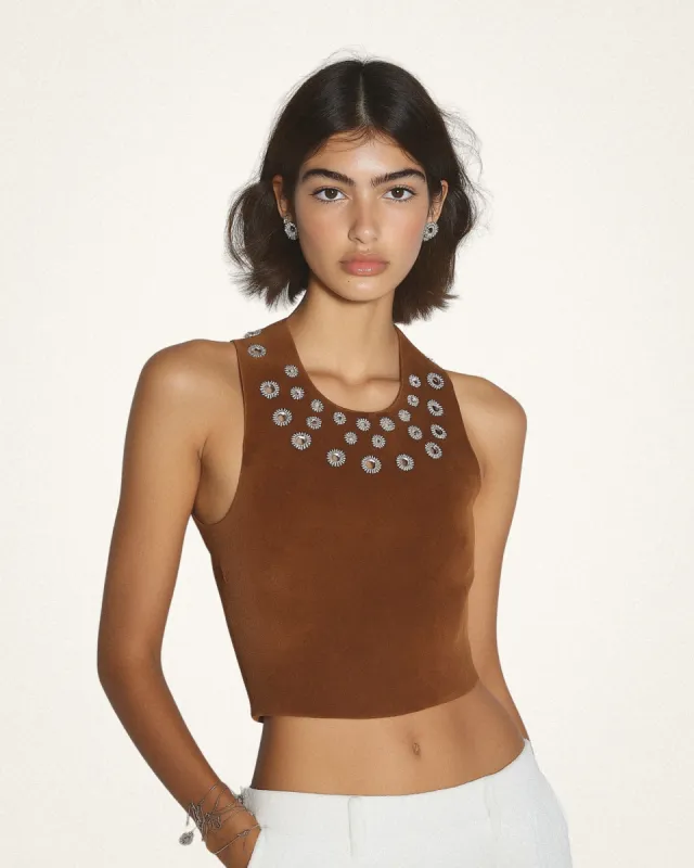 Adeline Crop Top with Embellished Neckline - Brown sold by JW PEI