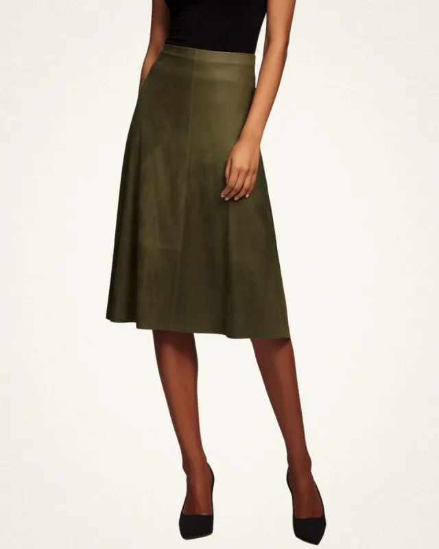 Violet Suede Flared Midi Skirt - Olive sold by JW PEI