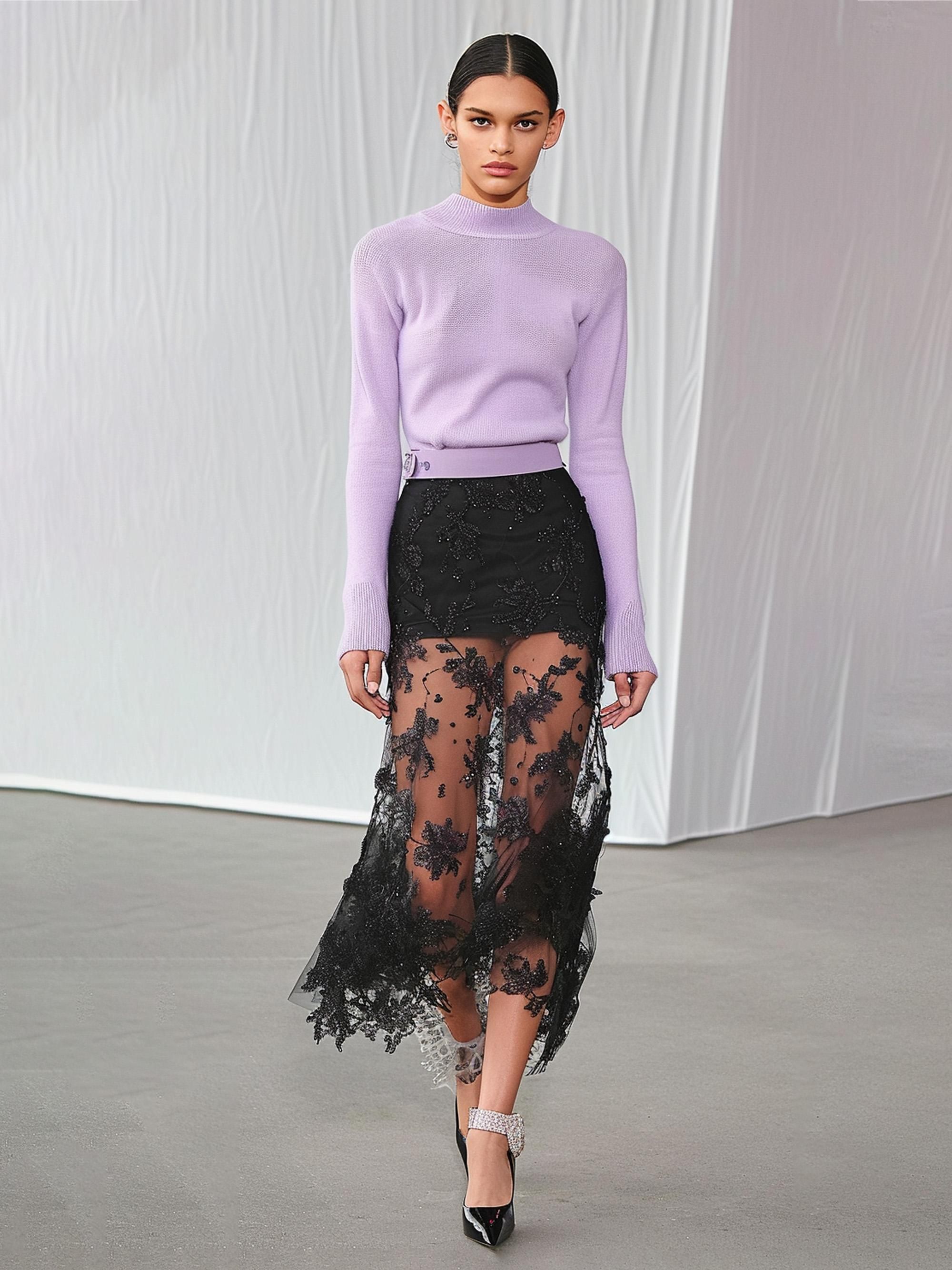 Beads-Embellished Lace Floral Skirt - Black sold by JW PEI