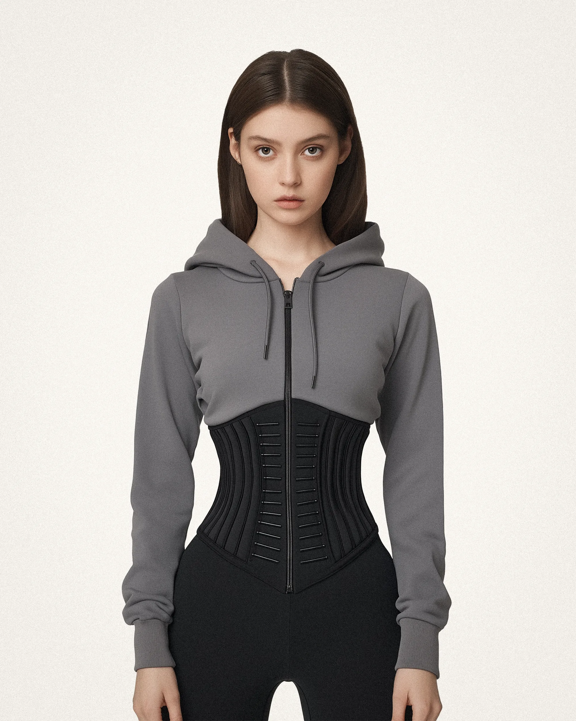Harper Corset-Panel Hoodie - Gray/Black sold by JW PEI