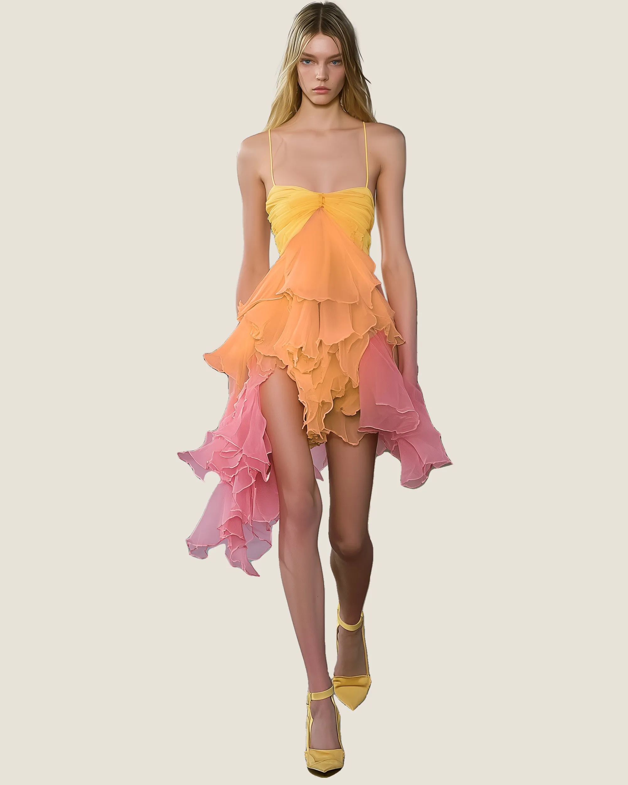 Claire Tiered Ruffled Dress - Yellow/Peach sold by JW PEI
