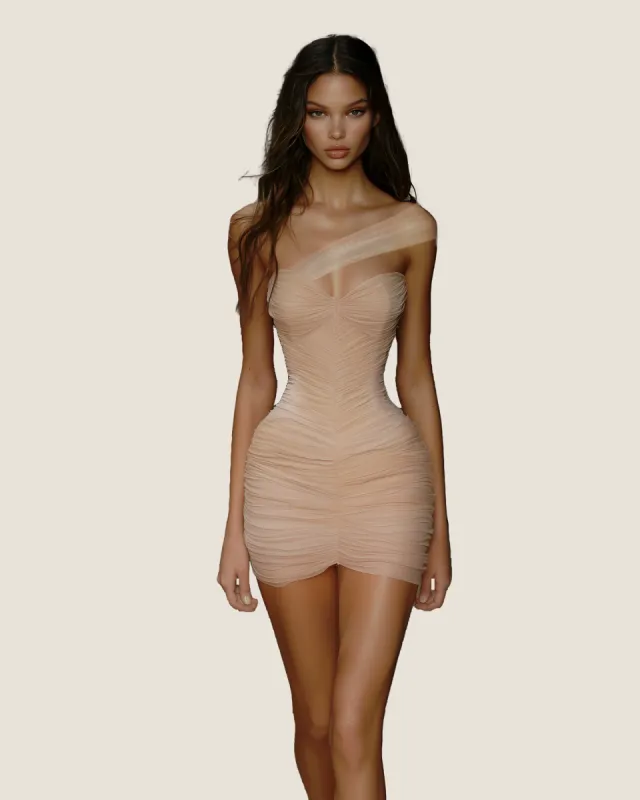 Josephine One-Shoulder Ruched Mini Dress - Nude sold by JW PEI