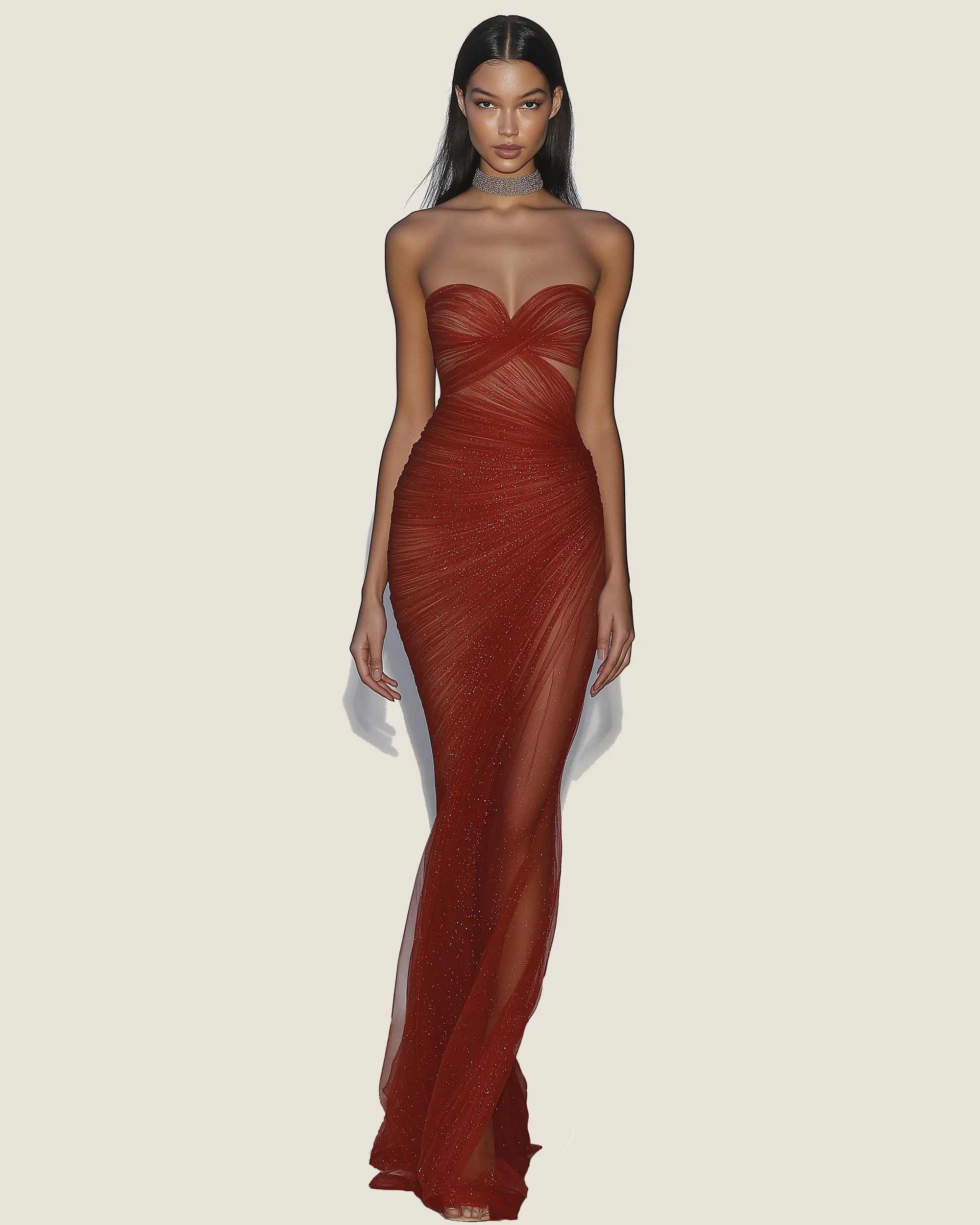 Mia Strapless Sheer Glitter Gown - Scarlet sold by JW PEI