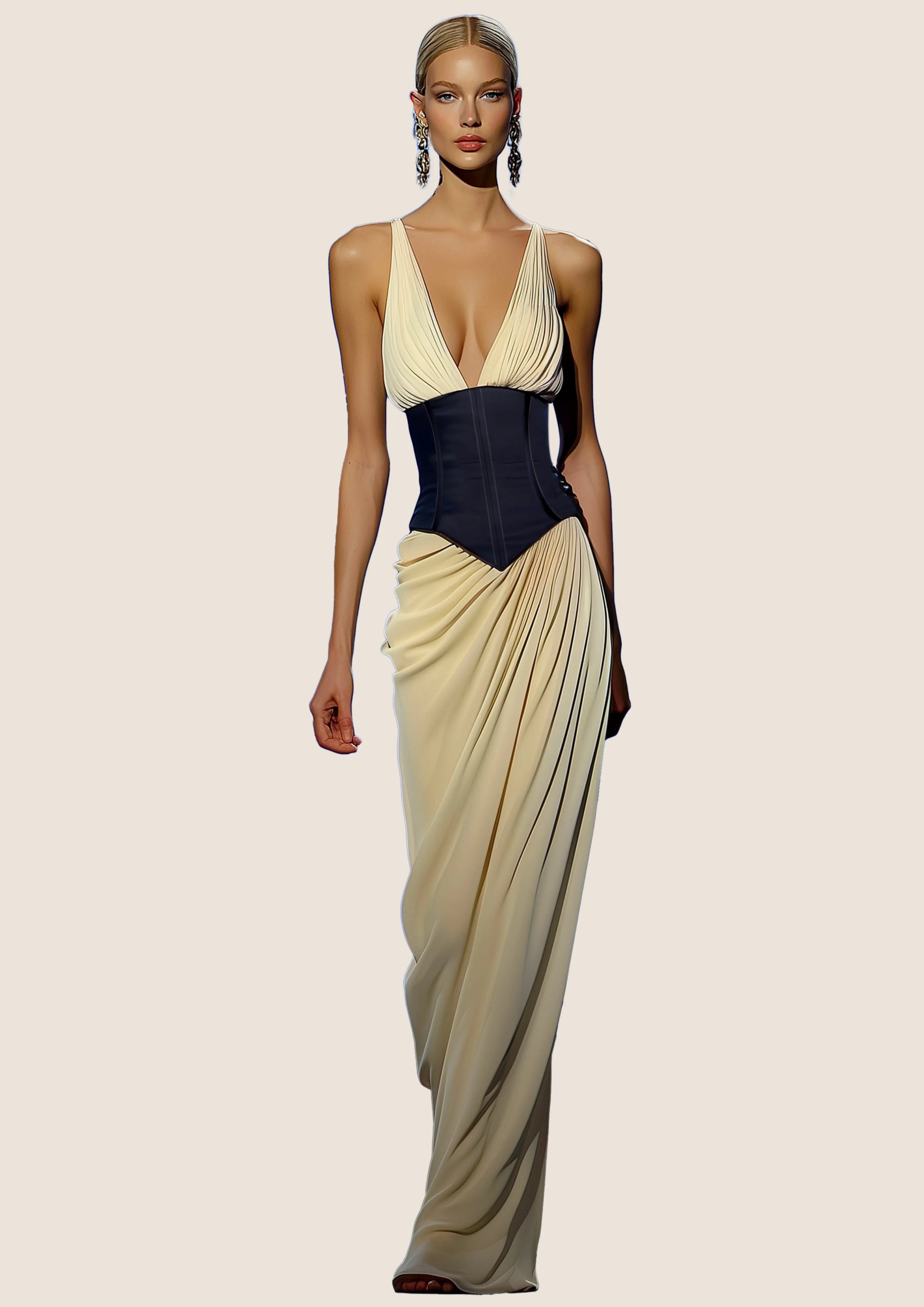 Nora Draped Corset Gown - Cream/Black sold by JW PEI