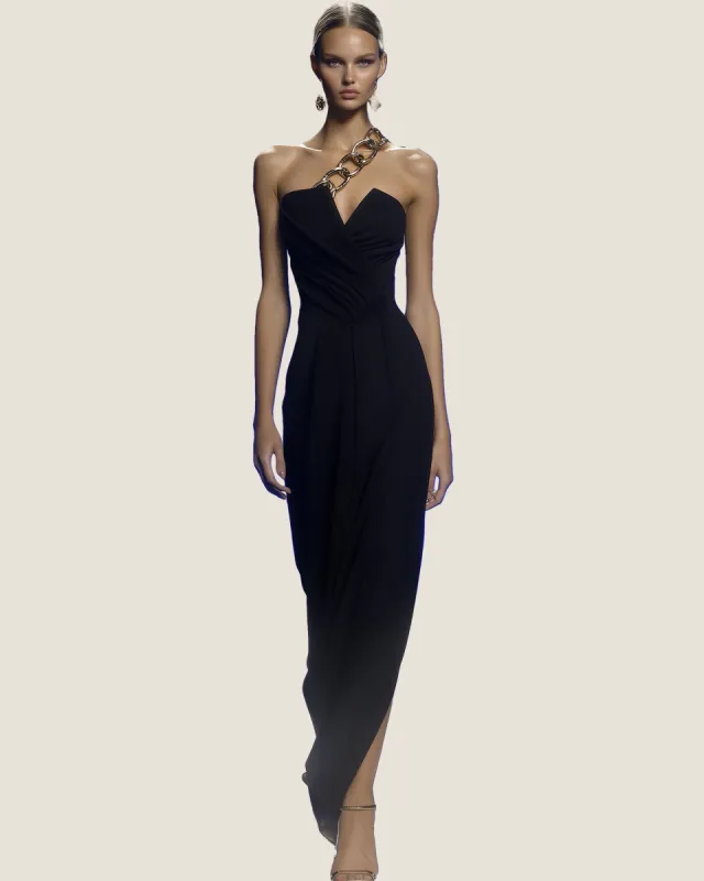 Cora Chain Accent Draped Gown - Black sold by JW PEI
