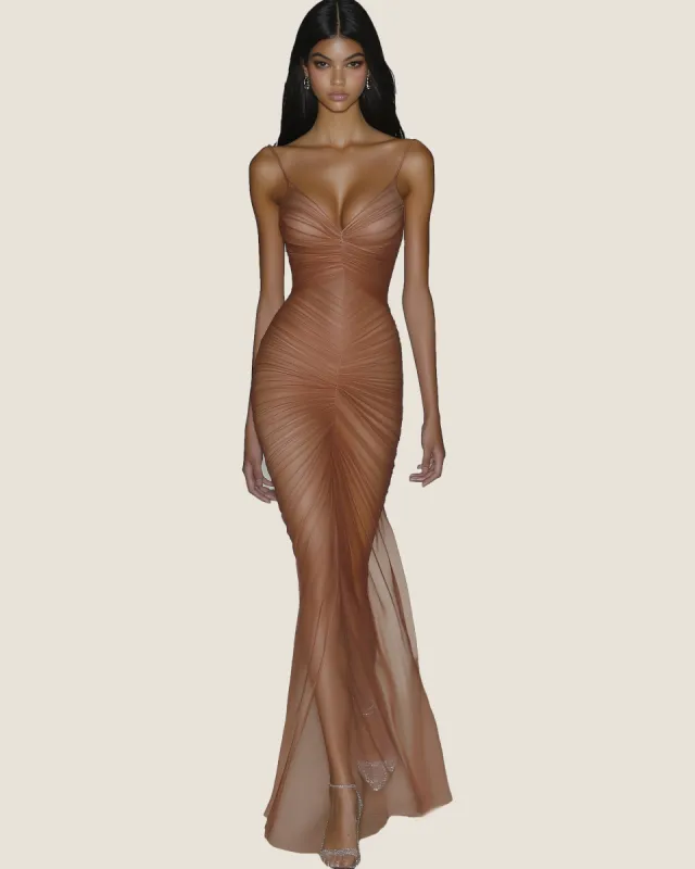 Piper Draped Mesh Evening Gown - Cinnamon sold by JW PEI