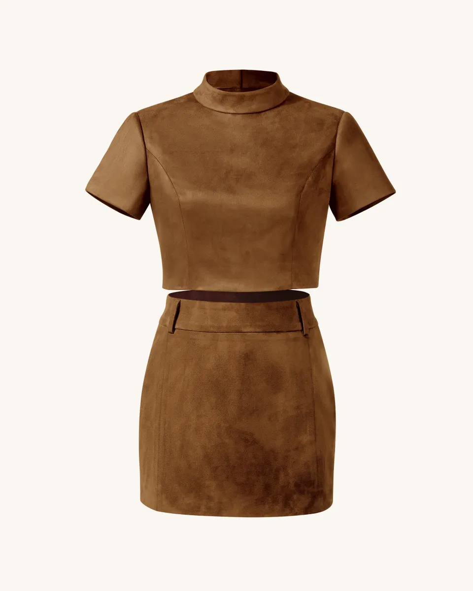 Grace Faux Suede Crop Top and Mini Skirt Set - Camel sold by JW PEI