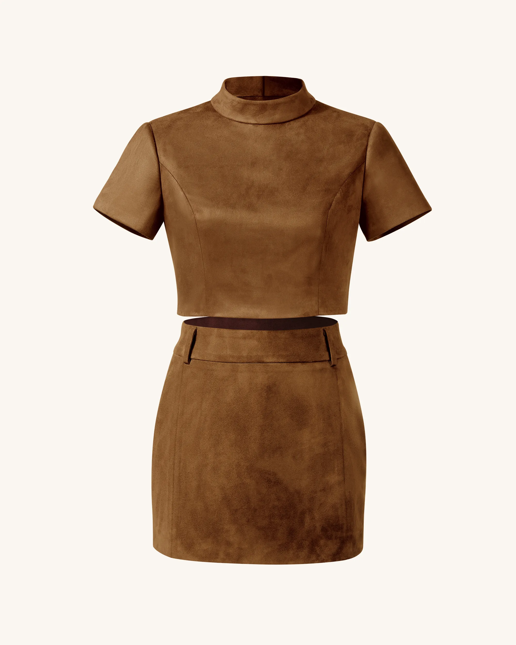 Grace Faux Suede Crop Top and Mini Skirt Set - Camel sold by JW PEI