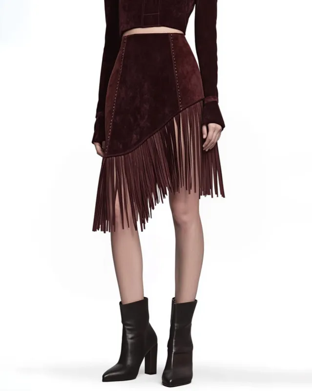 Willow Fringe Asymmetric Skirt - Burgundy sold by JW PEI