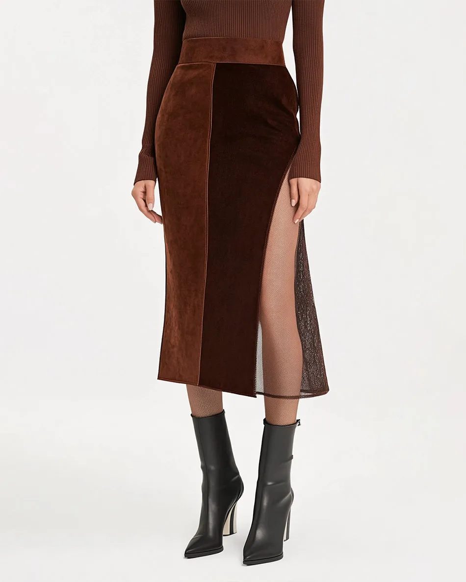Chloe Velvet Split Midi Skirt - Chocolate sold by JW PEI