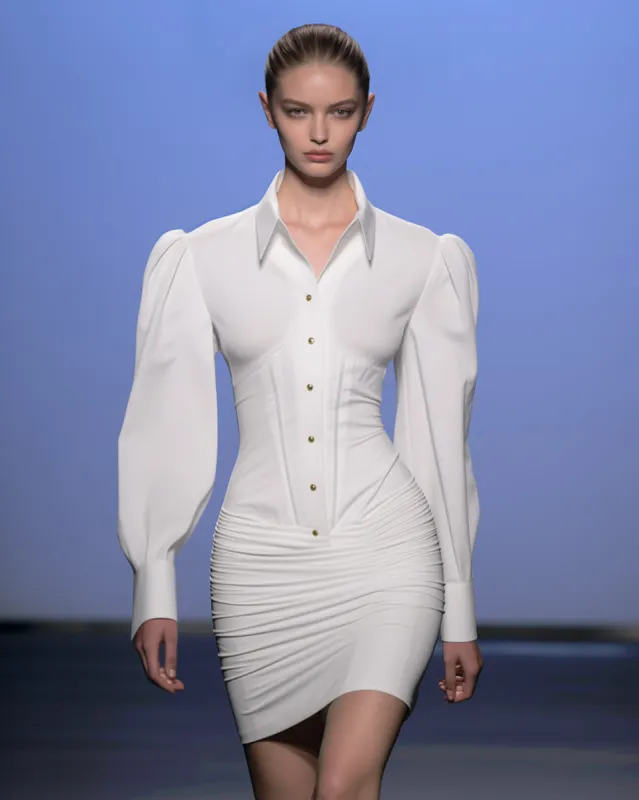 Audrey Puff-Sleeve Corset Dress - White sold by JW PEI
