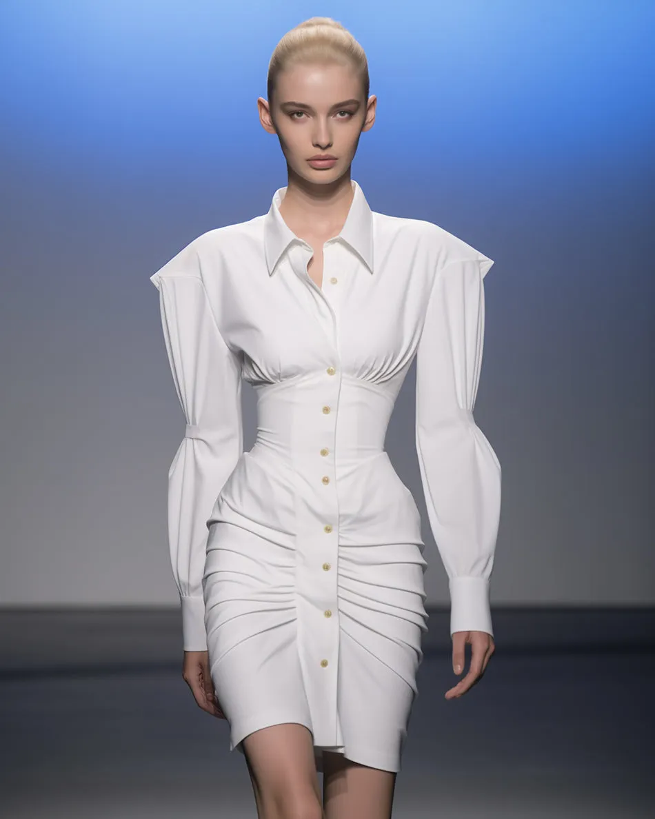 Nevaeh Ruched Button-Front Dress - White sold by JW PEI