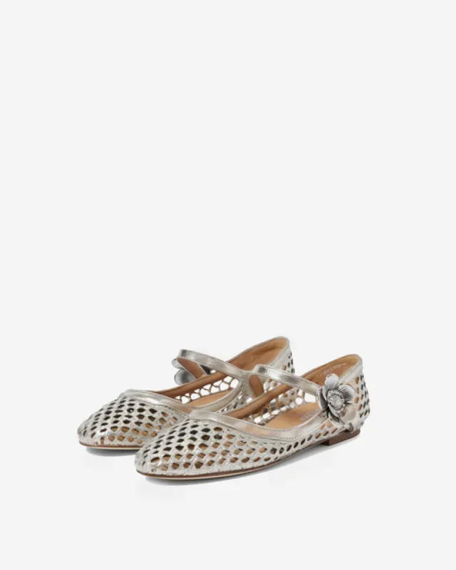 Adeline Mesh Ballet Flats with Flower Detail - Silver sold by JW PEI