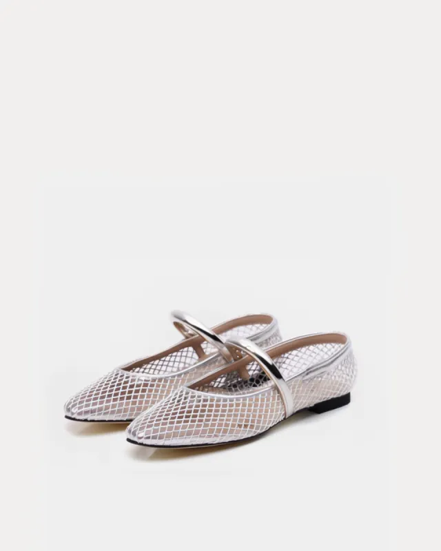 Madelyn Mesh Ballet Flats with Strap - Silver sold by JW PEI