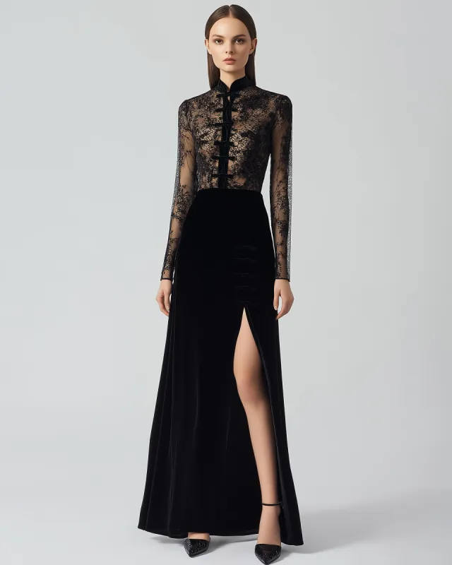 Skylar Lace and Velvet Qipao Gown - Black sold by JW PEI