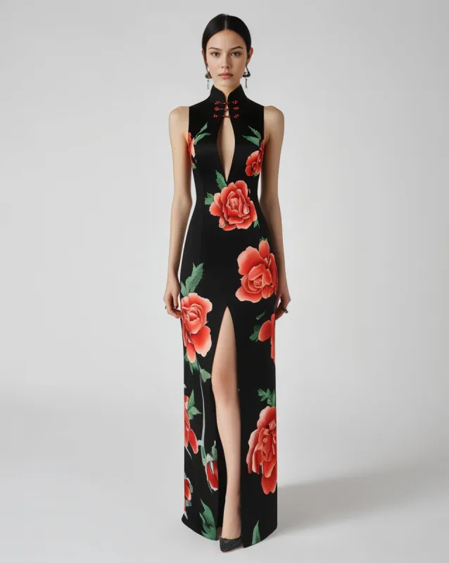 Leah Floral Print Qipao Gown - Black/Red sold by JW PEI