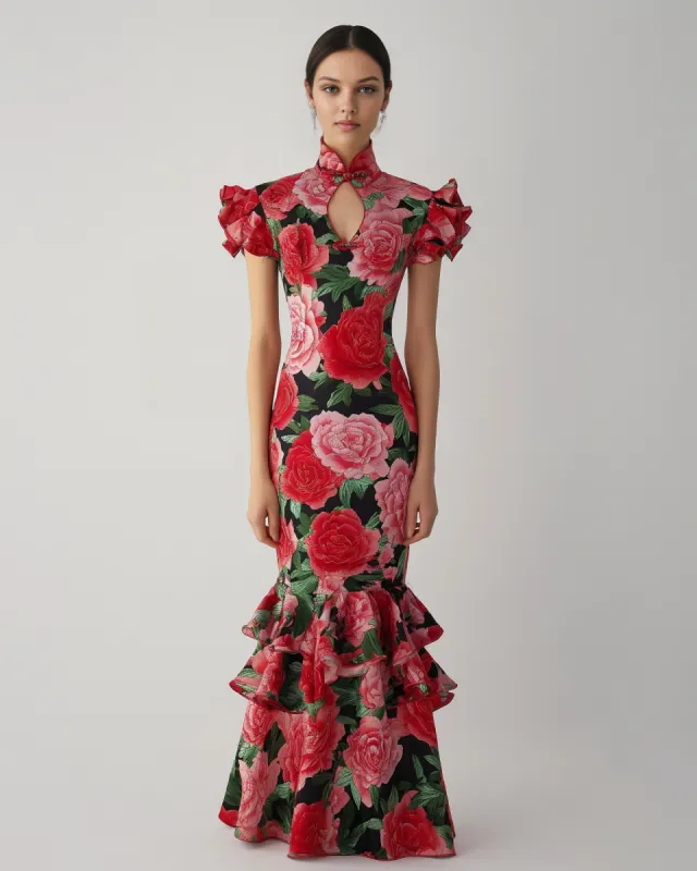 Adeline Ruffled Floral Qipao Gown - Multicolor sold by JW PEI