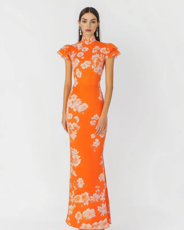 Stella Floral Print Qipao Dress - Orange sold by JW PEI