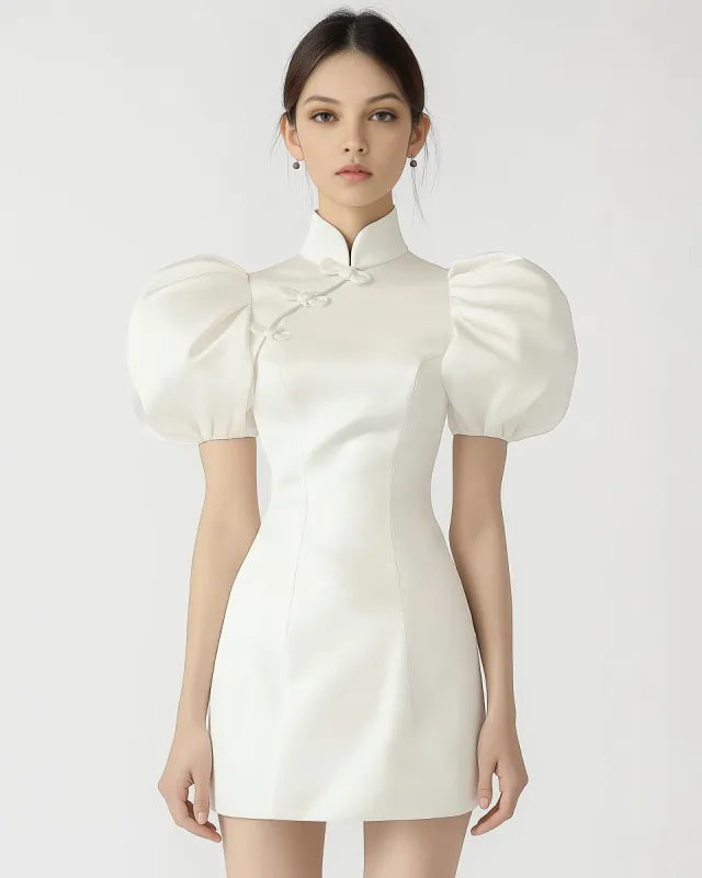 Olivia Puff Sleeve Mandarin Collar Dress - Ivory sold by JW PEI