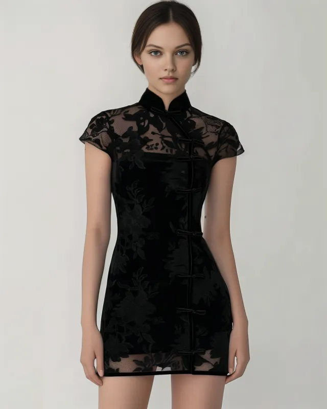Hannah Elegant Lace Mandarin Collar Dress - Black sold by JW PEI