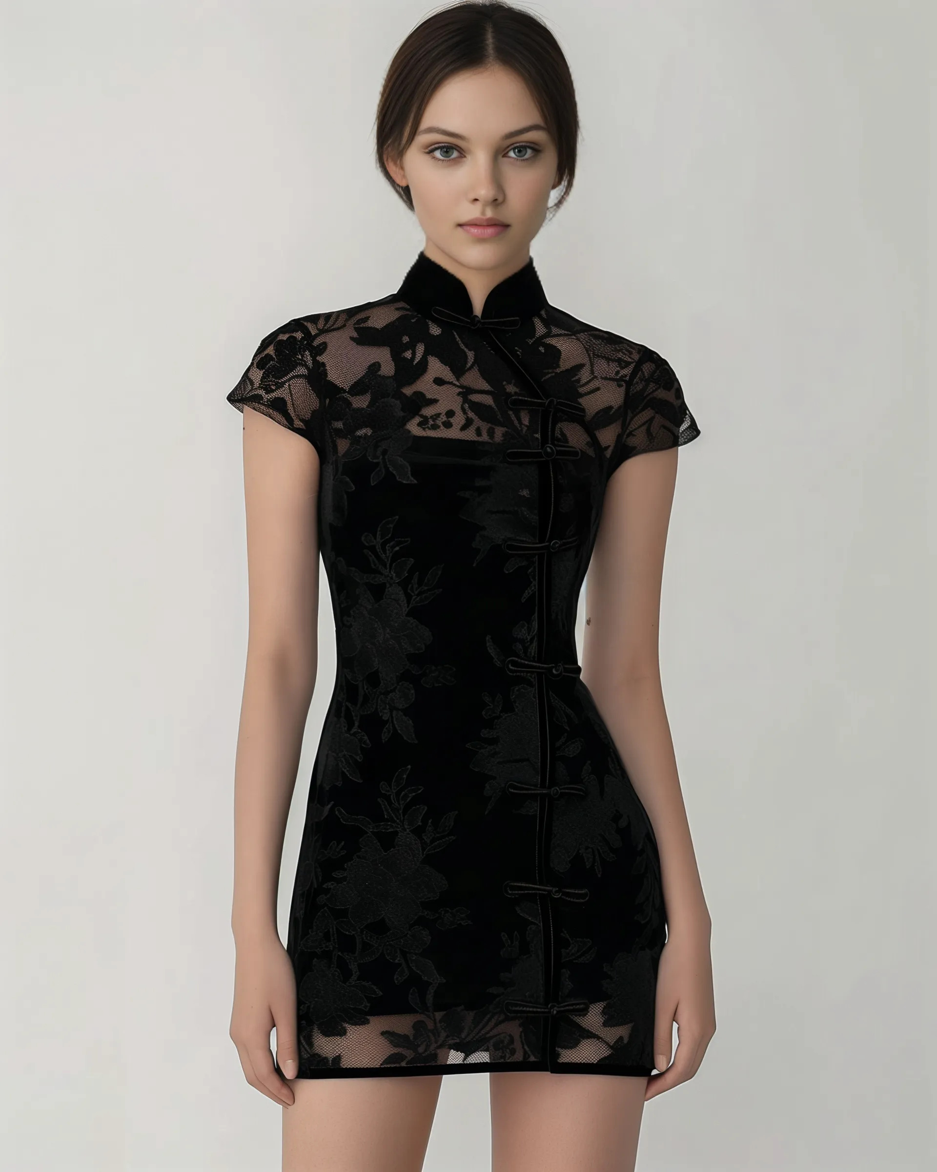 Hannah Elegant Lace Mandarin Collar Dress - Black sold by JW PEI