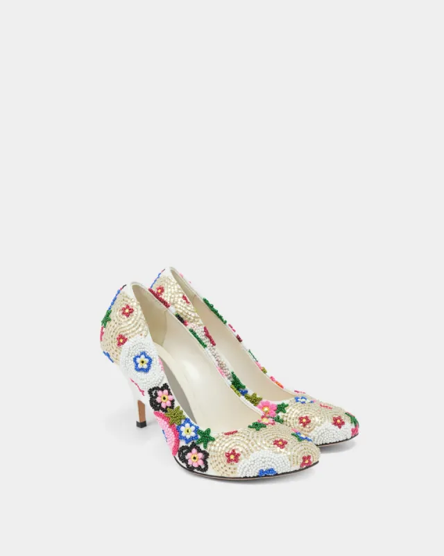 Eliza Beaded Floral Heels - White sold by JW PEI