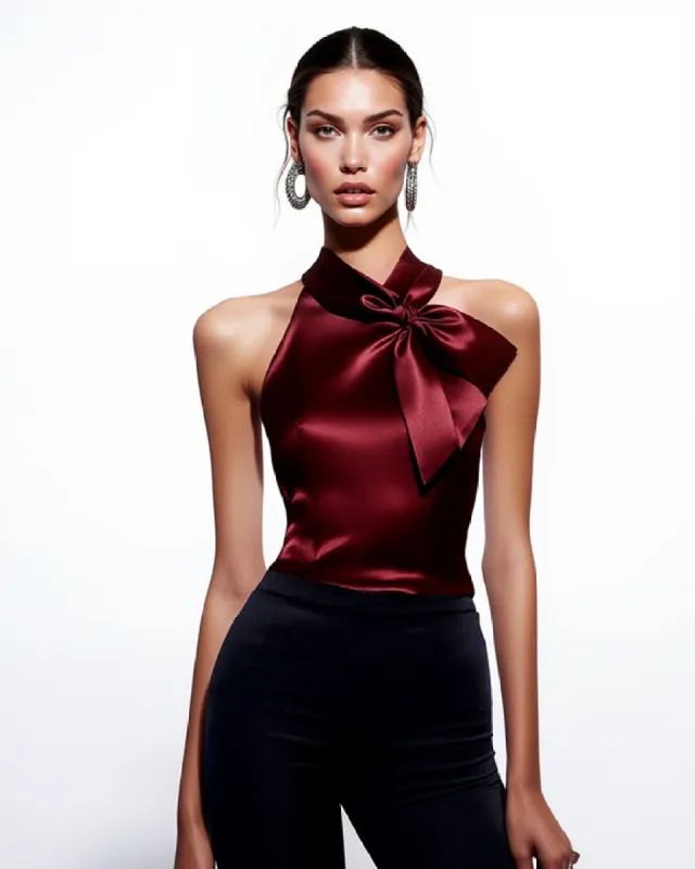 Skylar Satin Bow Embellished Halter Top - Burgundy sold by JW PEI