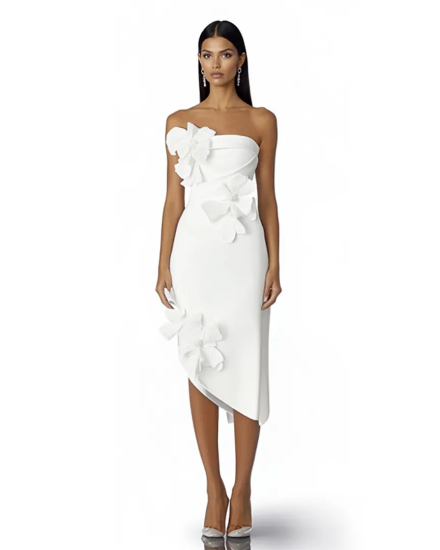 Skylar Strapless Floral Embellished Midi Dress - White sold by JW PEI