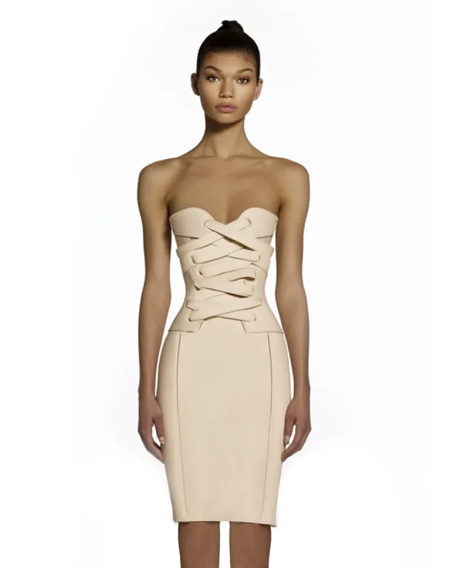 Gianna Strapless Corset Bodycon Midi Dress - Beige sold by JW PEI