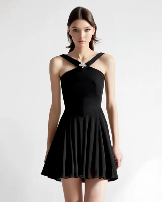 Emilia Cross-Strap Embellished A-Line Mini Dress - Black sold by JW PEI