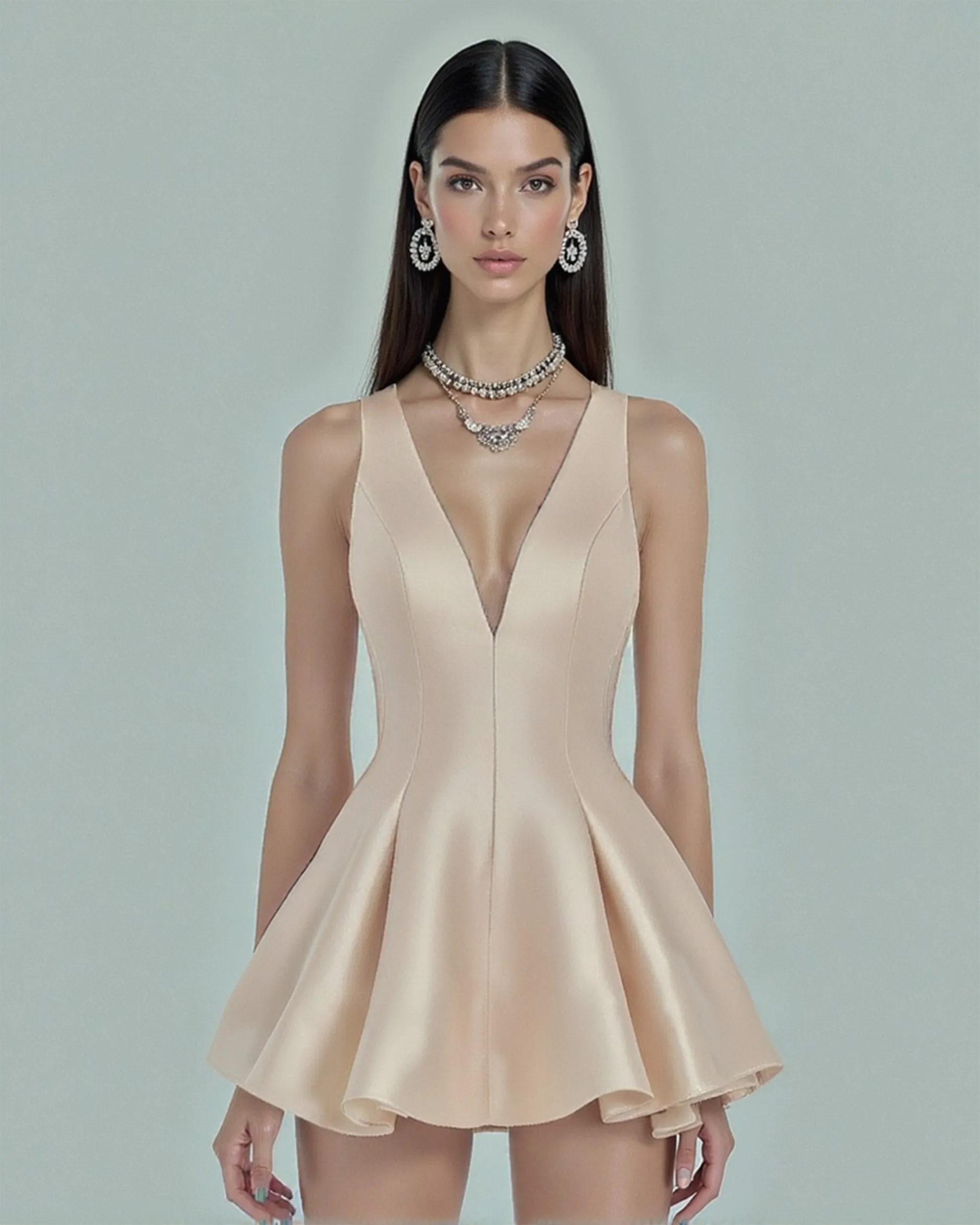 Alice Plunge V-Neck Fit-and-Flare Mini Dress - Champagne sold by JW PEI
