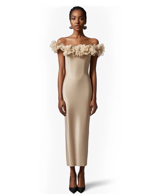 Lydia Off-Shoulder Ruffled Midi Dress - Beige sold by JW PEI