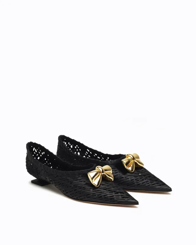 Nora Bow Embellished Woven Flats – Black/Gold sold by JW PEI