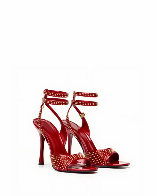 Madelyn Studded Ankle Strap Sandals – Red/Gold sold by JW PEI
