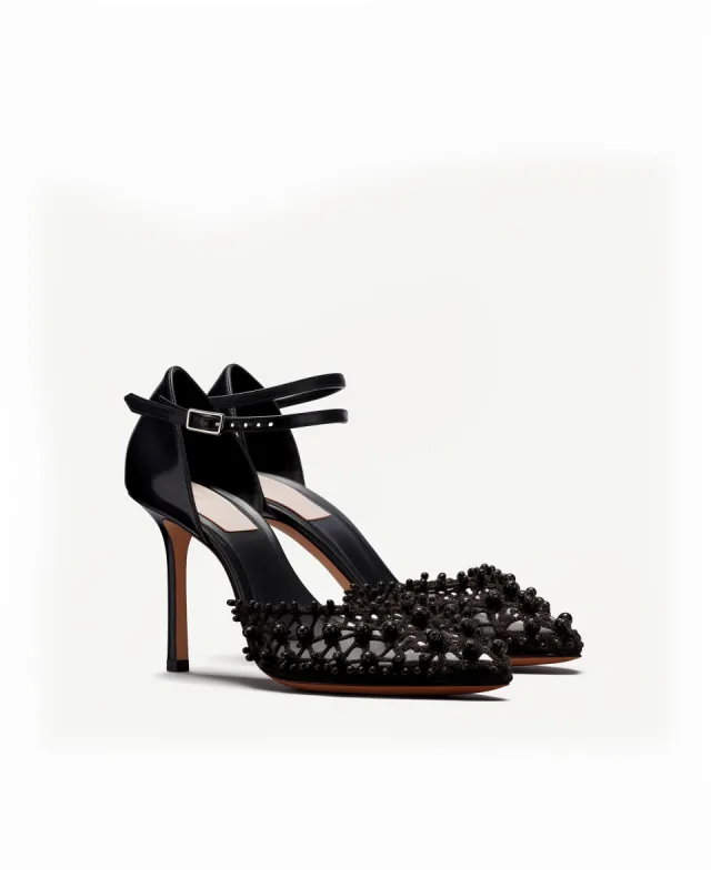 Lily Beaded Mesh Ankle-Strap Heels – Black sold by JW PEI