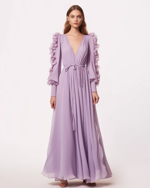 Hitomi Long-Sleeve Pleated Maxi Dress – Lavender sold by JW PEI