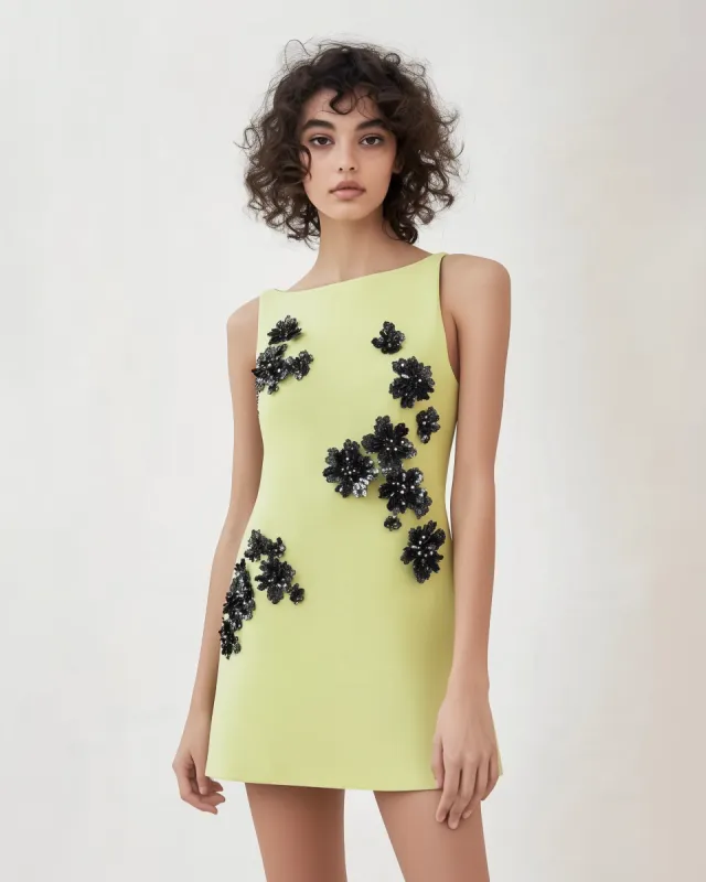 Charlotte Sleeveless Embellished Mini Dress – Lime/Black sold by JW PEI