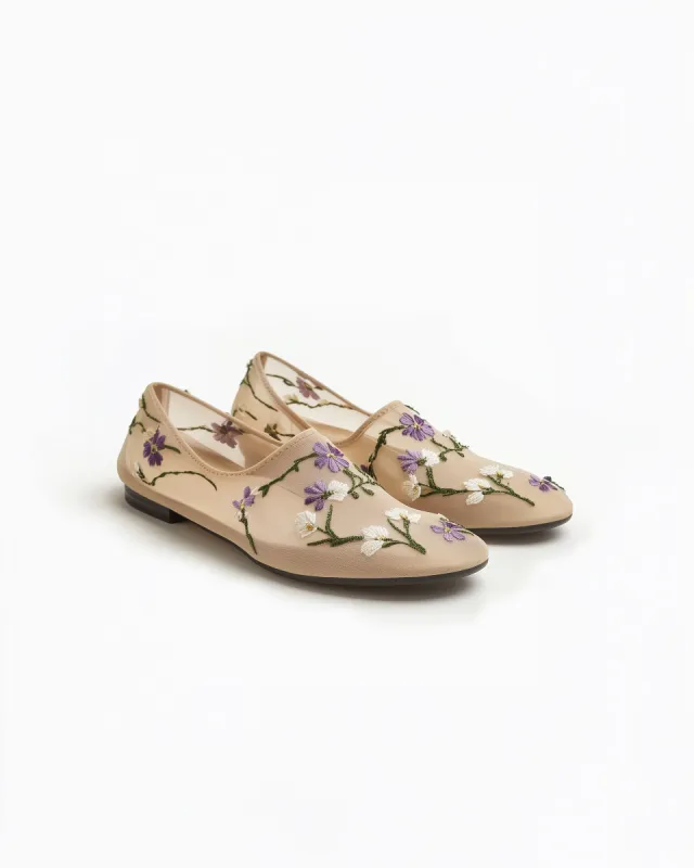 Sophie Mesh Embroidered Floral Ballet Flats - Beige sold by JW PEI