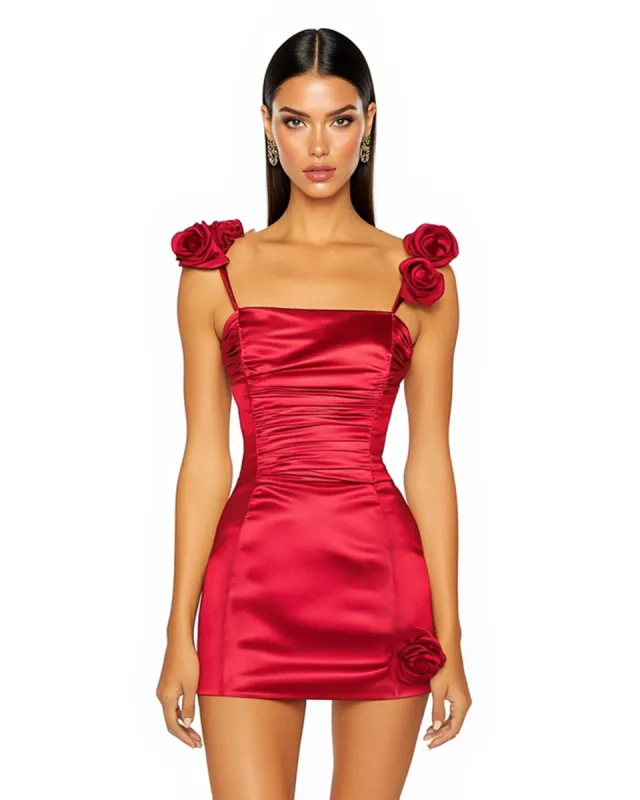 Maya Mini Dress with Flower Detail - Red sold by JW PEI