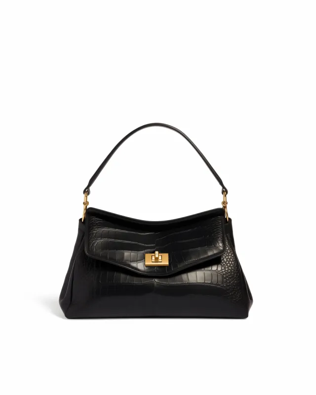 Mia Crocodile Embossed Shoulder Bag - Black sold by JW PEI