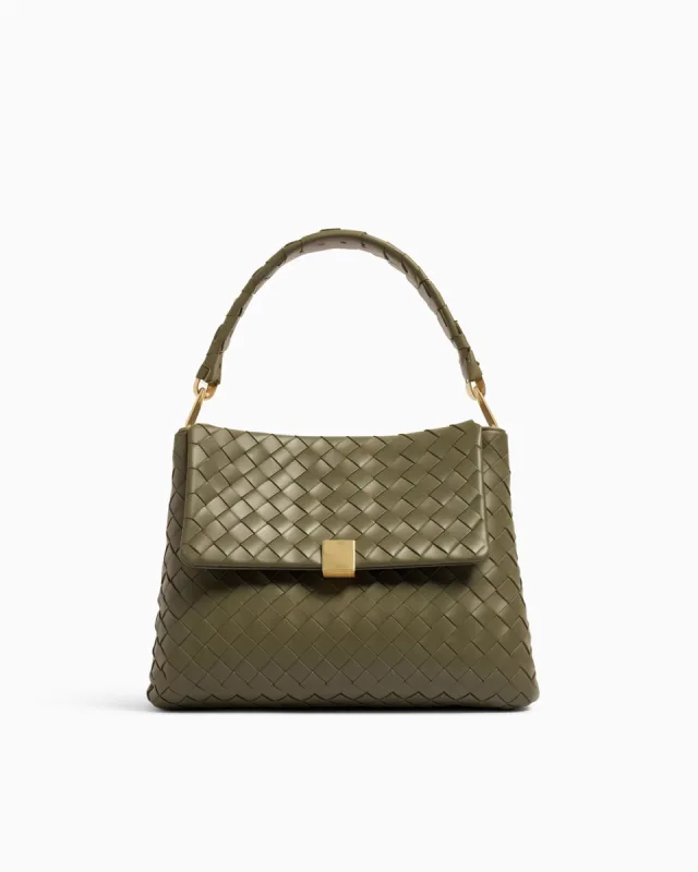Lillian Woven Leather Shoulder Bag - Olive Green sold by JW PEI