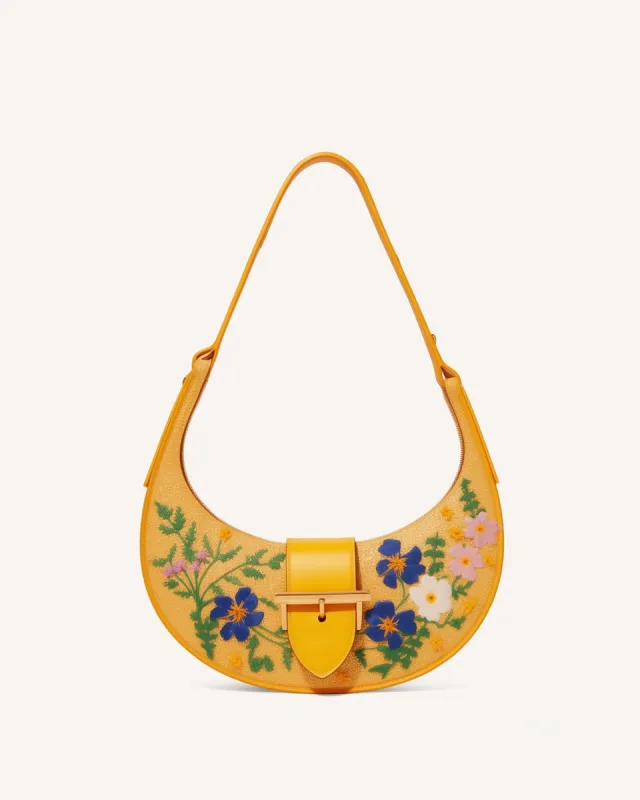 Emily Floral Embroidered Crescent Bag - Yellow sold by JW PEI