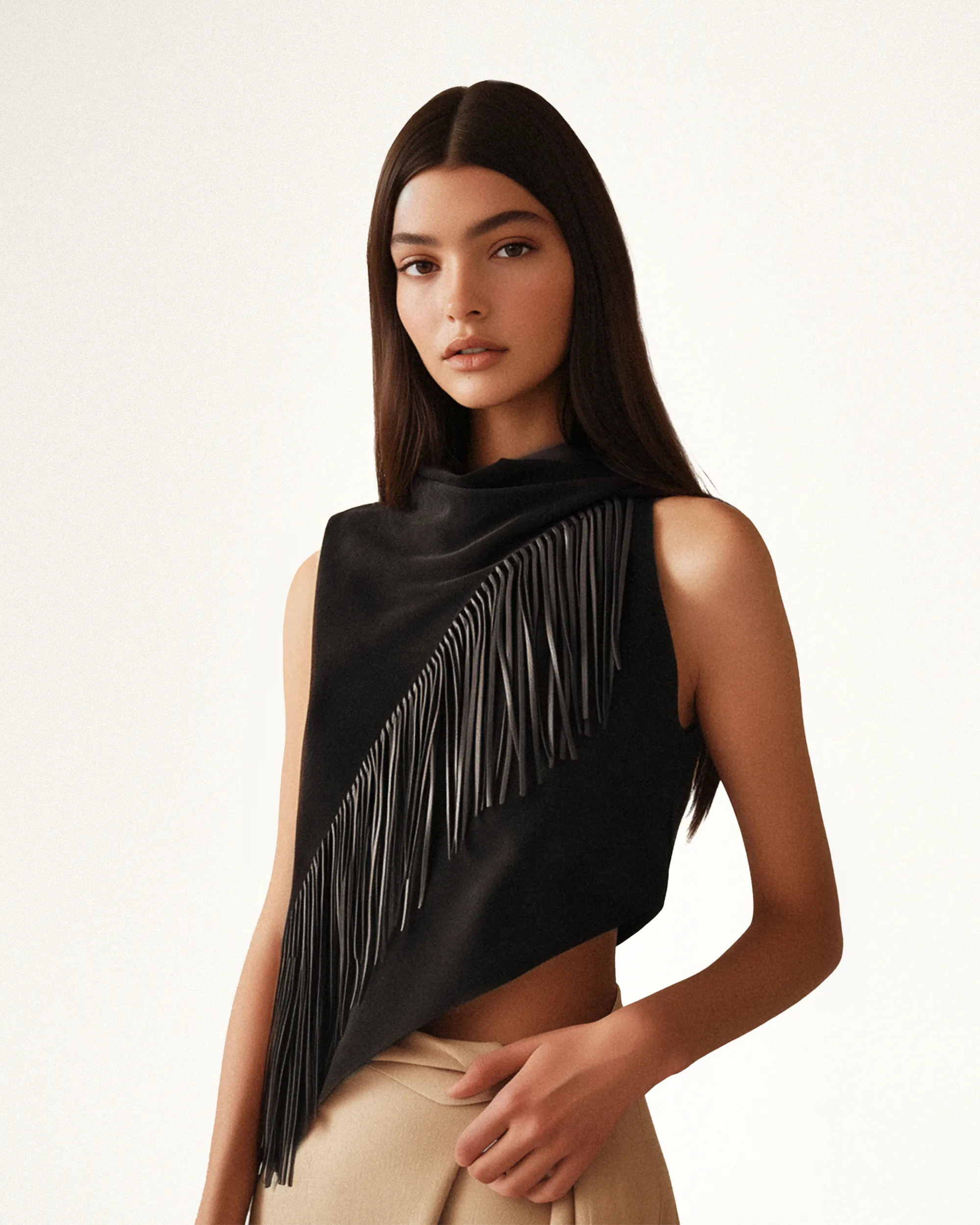 Adeline Asymmetric Fringe Sueded Top - Black sold by JW PEI