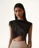 Ariana Asymmetric Fringe Sueded Top - Black sold by JW PEI