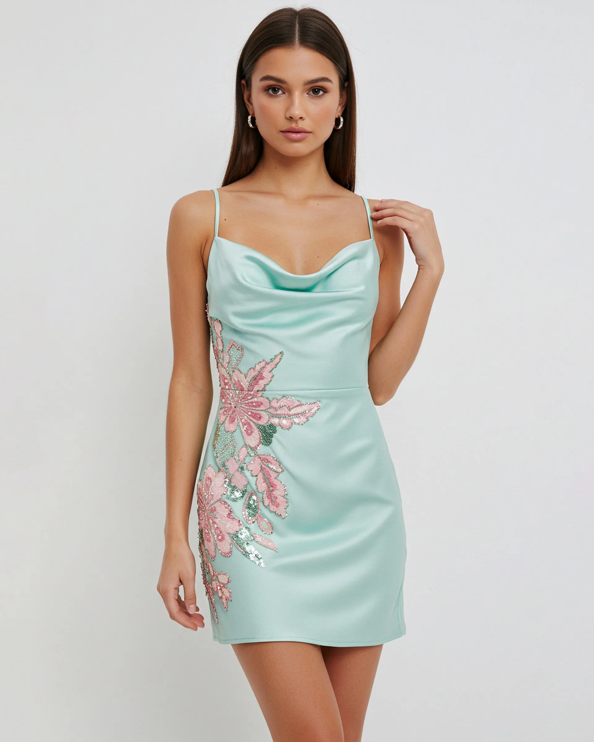 Ariana Floral Embellished Satin Mini Dress - Mint Green sold by JW PEI